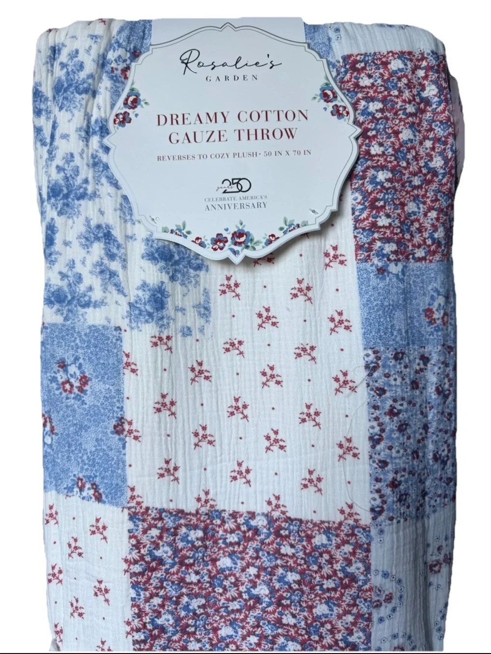 Envogue Cotton Gauze Throw Americana July Bows Floral Red blue quilt patchwork